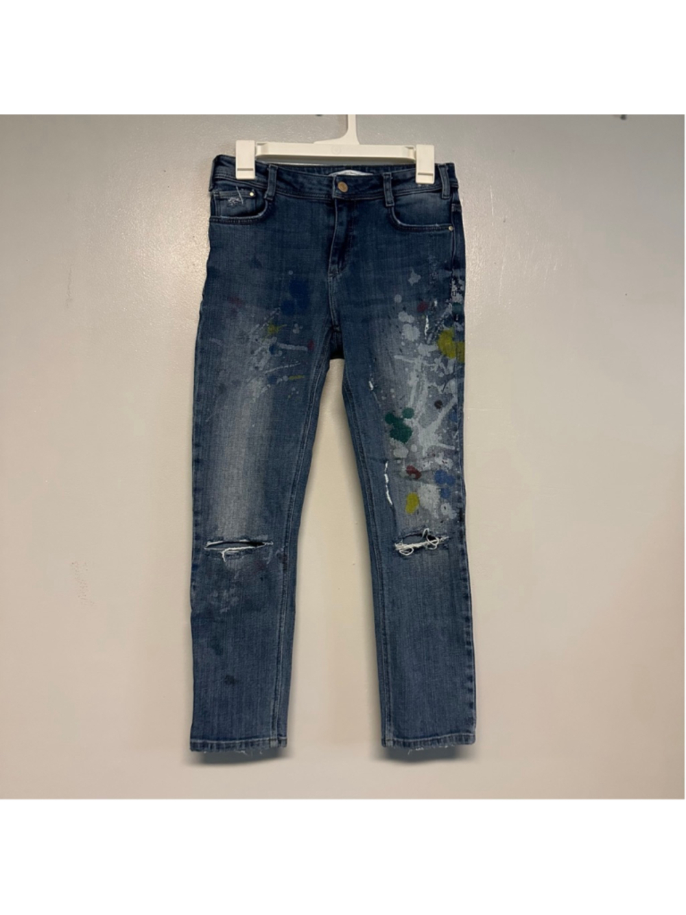 ZARA Trafaluc Denim Blue Paint Splatter Distressed Skinny Jeans Women’s Size 2